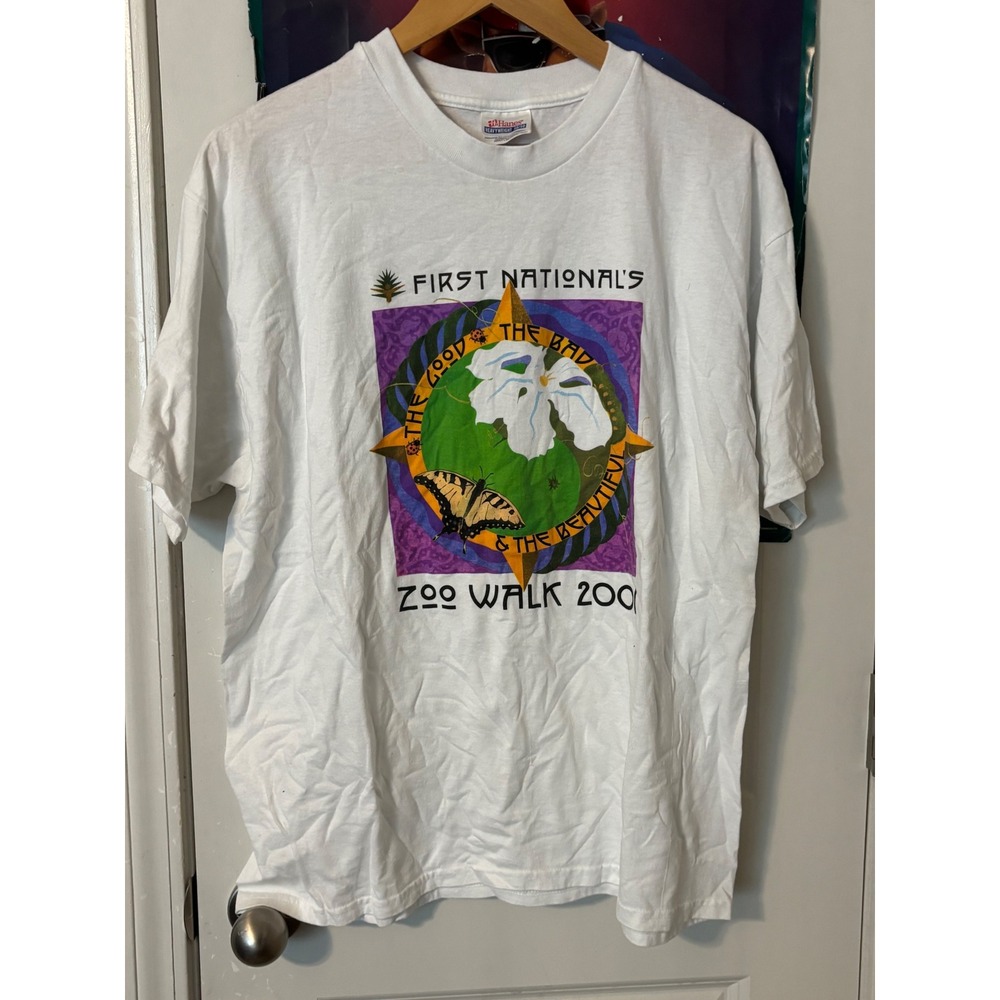 Vintage 2001 First National Zoo Walk T Shirt Mens Large White Hanes Graphic Tee